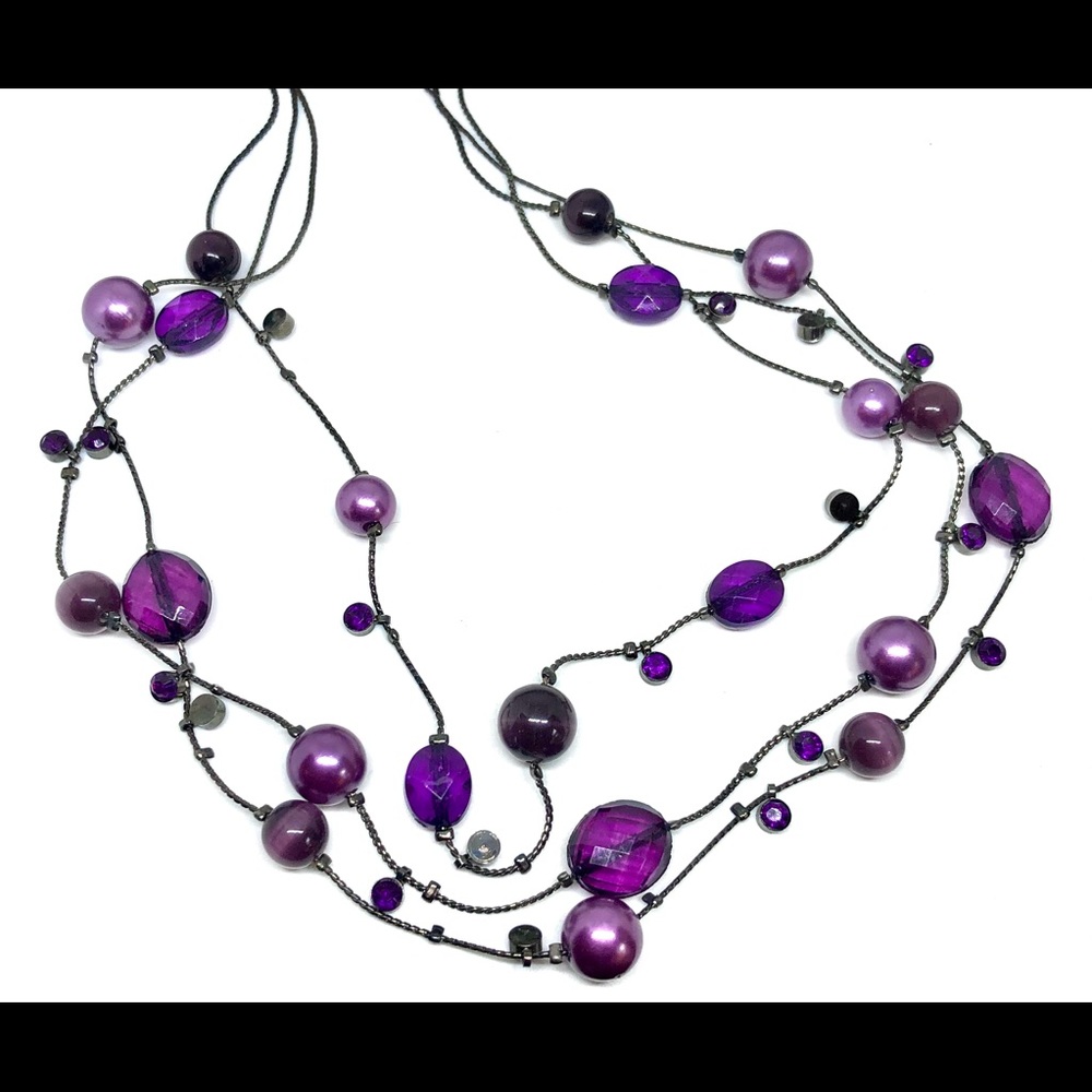 Purple Bead Crystal Mix 3 Strand Gunmetl Necklace